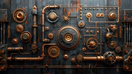 A pile of old gears and mechanical parts arranged on iron sheets