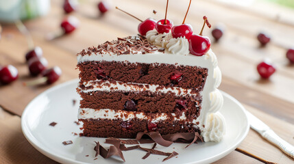 A slice of chocolate cake with whipped cream and cherries, decorated with chocolate shavings and sprinkles.