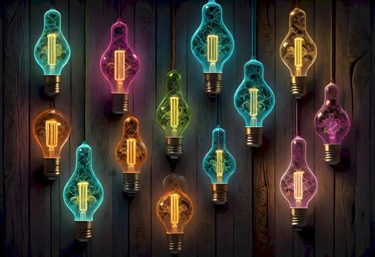 Series of colorful light bulbs with trees on them, hanging from a wooden surface, Generative AI.