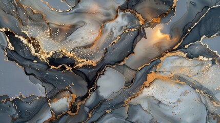 Abstract art in alcohol ink with gold, black, and gray colors. Looks like a marble stone cut with gold veins. Delicate and dreamy design.