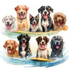 Watercolor Surfing Dogs Illustration, Generative Ai