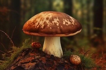 Small mushroom perched majestically atop a weathered tree stump in a mystical forest setting