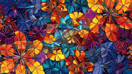 Abstract, colorful design with repeating flower-like shapes in a mosaic-like pattern.