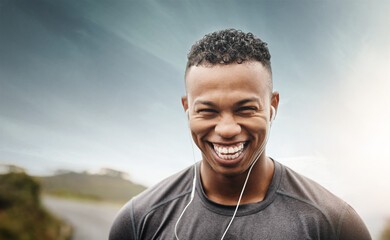 Portrait, laugh and man with music for fitness, exercise and audio for motivation. Male athlete,...