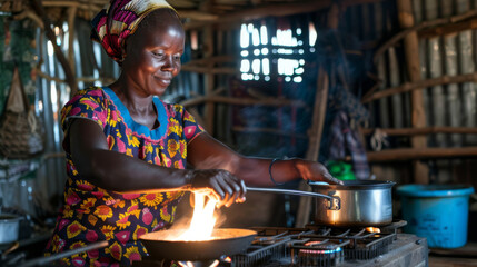 Woman cooking with a smile in a rustic kitchen