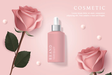 Cosmetic product ads template on pink background with rose and pearl.