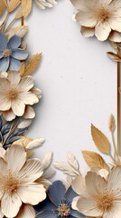 Elegant Floral Collage: Close-up and Abstract Patterns in Shades of Blue, White, Gold, and Green