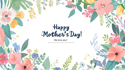 Cute Mother's Day Greeting - Floral Frame with 'Happy Mother's Day! We love you!' Text, Flat Vector Illustration on White Background