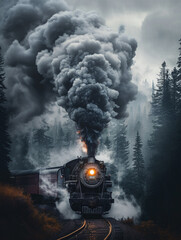 Fototapeta premium A steam locomotive billowing smoke, captured in a dynamic shot with the smoke forming an elegant and flowing shape that is reminiscent of clouds or mist.