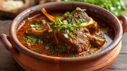 A traditional nihari, a rich and flavorful slow-cooked stew made with tender meat, spices, and bone marrow, garnished with fresh ginger and coriander leaves.