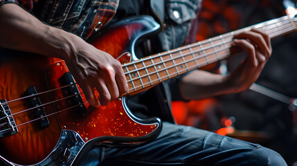 Obraz premium A musician plays an electric guitar at a rock concert, with fingers strumming the strings, while performing on stage