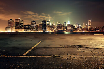 Clean asphalt in front of urban skyline at night