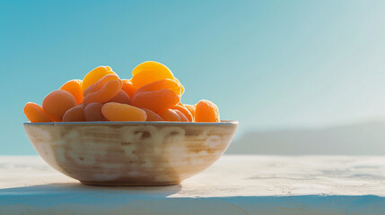 A tranquil image of a bowl filled with dried apricots and almonds placed against a backdrop of...