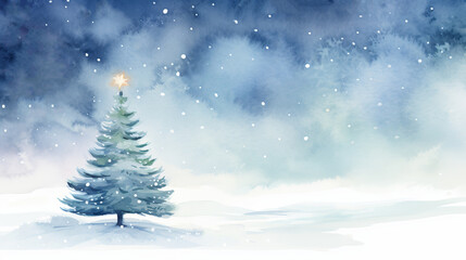 A watercolor painting of a lonely Christmas tree in a snowy forest at night.