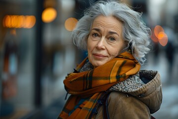An elderly woman with white hair and stylish clothes. Smiling happily in the middle of a big city. It represents a happy later life. Suitable for savings campaigns or for advertising life insurance.