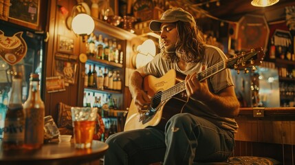 A man is playing guitar in a bar