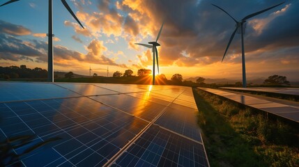 Renewable Energy Farm at Sunset