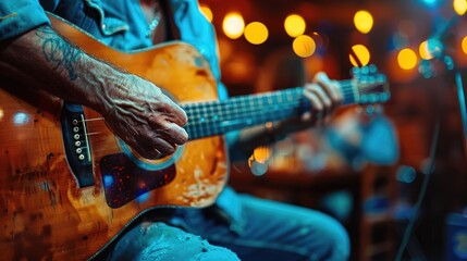 Obraz premium The man in the bar plays the guitar, with a close-up of his fingers.