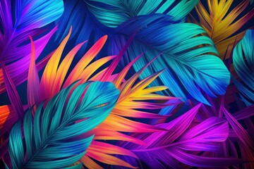 Fototapeta na wymiar Tropical leaves in vibrant bold gradient holographic neon graphics tropics pattern.