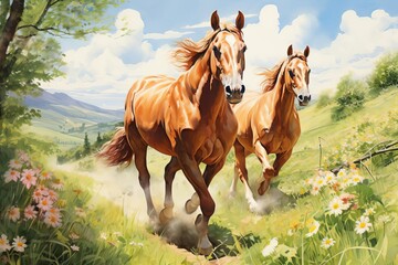 Obraz premium Dynamic scene of horses galloping across a sunny, flowerfilled meadow, embodying the freedom and vitality of summer in the countryside