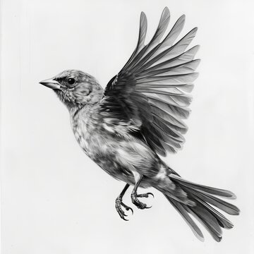 Detailed Pencil Sketch of a Summer Tanager Bird in Black and White on a Blank White Background