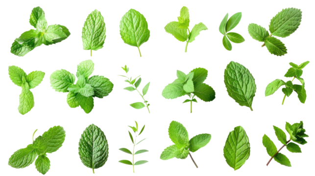 Set of mint leaves isolated on white or transparent background png cutout