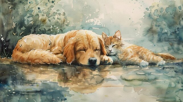 A watercolor painting of a golden retriever and a tabby cat sleeping together in a puddle of water, surrounded by green foliage.