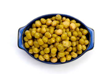 Canned green peas on white background.