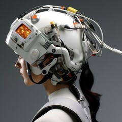 A woman wearing a futuristic helmet with a ponytail. - obrazy, fototapety, plakaty