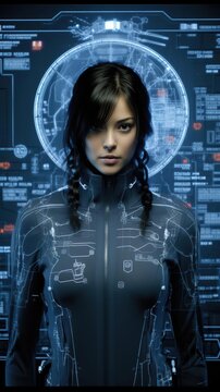 A young woman standing in front of a futuristic control panel