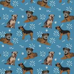 Happy Christmas seamless pattern with border terrier dogs. Birthday present for dog fans. Square tile, background art with pets. Funny dog mascot, a repeatable image. Present wrapping, professional.