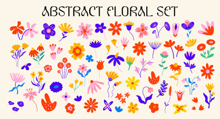 Cute Abstract floral vector elements set with different types of summer exotic flowers, plants illustrations collection in cartoon retro groovy funky naive style. Spring wildflowers clipart stickers