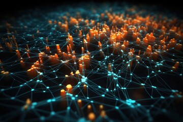 Visualization of blockchain network abstract glowing backgrounds.