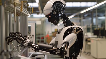 A humanoid robot performing routine checks and repairs on industrial machinery