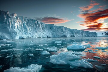 Stunning icy cliffs illuminated by the warm glow of a crimson sunset with scattered ice floating in...