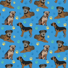 Seamless playful pattern with border terrier dogs. Birthday present for dog fans. Present wrapping. Bright pattern, Repeatable background art with terriers. Funny dog mascot. Dog paws, abstract icons.