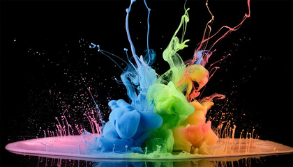 Colorful paint splashing isolated on black background. Abstract background.