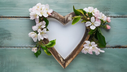 Pink flowers in the shape of a heart background. Flat lay, top view.