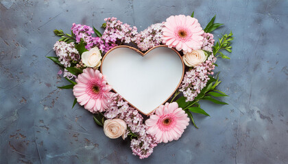 Pink flowers in the shape of a heart background. Flat lay, top view.