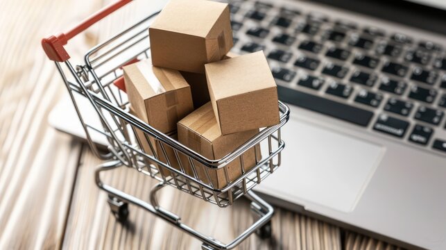 photo of online shopping with cardboard boxes on a trolley shopping basket with a laptop keyboard in the background