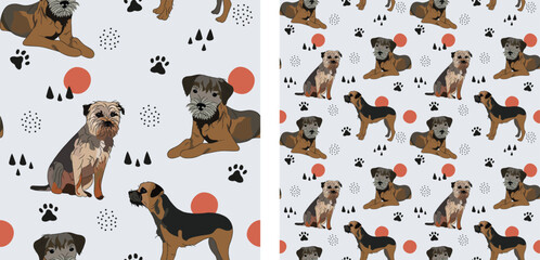 Seamless pattern with border terrier dogs. Holiday present. Gift wrapping. Square tile, Repeatable background art with terriers. Funny dog mascot. Dog paws, abstract icons. Dog element. Decoration.