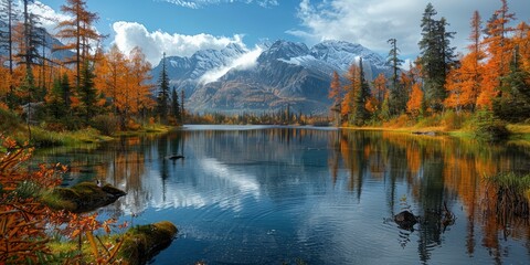 Fototapeta premium Autumn landscape of forest in Alaska in the morning