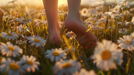 Bare feet resting among daisy flowers, capturing a relaxed moment in nature during a serene golden sunset - AI generated.