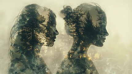 Intriguing Double Exposure: Human Silhouettes and Natural Landscapes