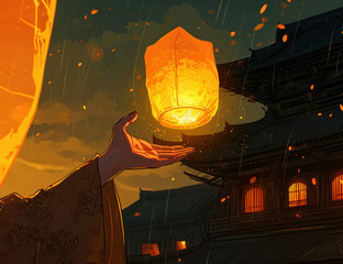 Person holding paper lantern in front of oriental building during rainy day Asian culture concept