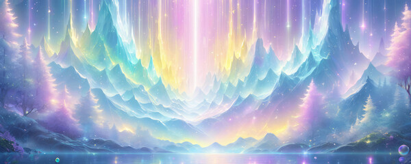 Holographic light blue and yellow abstract landscape pastel colors backdrop. Gradient neon colors with rainbow foil effect in trends 80s and 90s