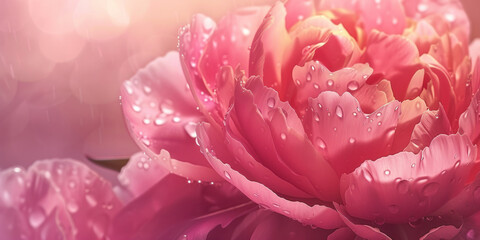 Beautiful pink peony with dewdrops, soft focus background, floral nature photography, spring blossom concept