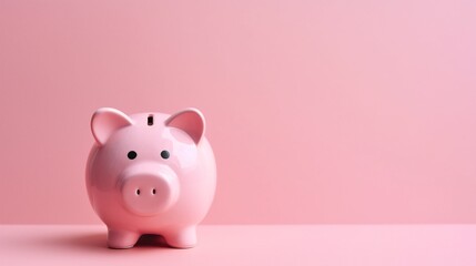 Glossy ceramic pink piggy bank on a left side on a pink background