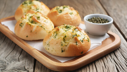 Fototapeta premium Close-up of fresh bread buns with garlic and pepper on wooden table. Tasty bakery. Delicious food.