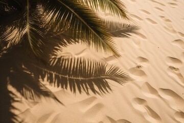 Beautiful textured tropical background with green palm leaves and their shadows on wavy sand